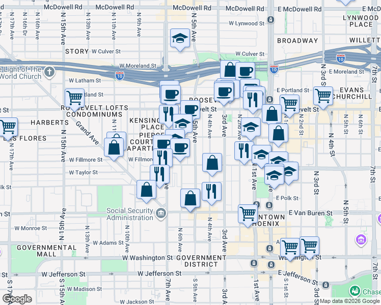 map of restaurants, bars, coffee shops, grocery stores, and more near 631 North 5th Avenue in Phoenix