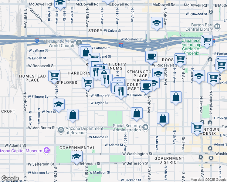 map of restaurants, bars, coffee shops, grocery stores, and more near 1114 Northwest Grand Avenue in Phoenix