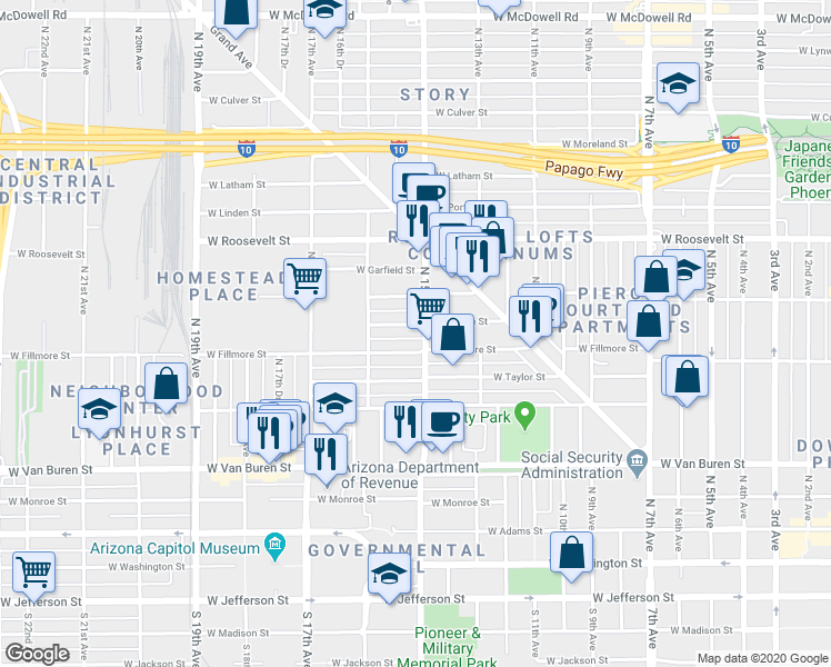 map of restaurants, bars, coffee shops, grocery stores, and more near 1514 West Pierce Street in Phoenix