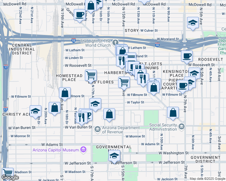 map of restaurants, bars, coffee shops, grocery stores, and more near 1546 West Pierce Street in Phoenix