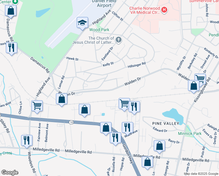 map of restaurants, bars, coffee shops, grocery stores, and more near 2403 Caldwell Drive in Augusta