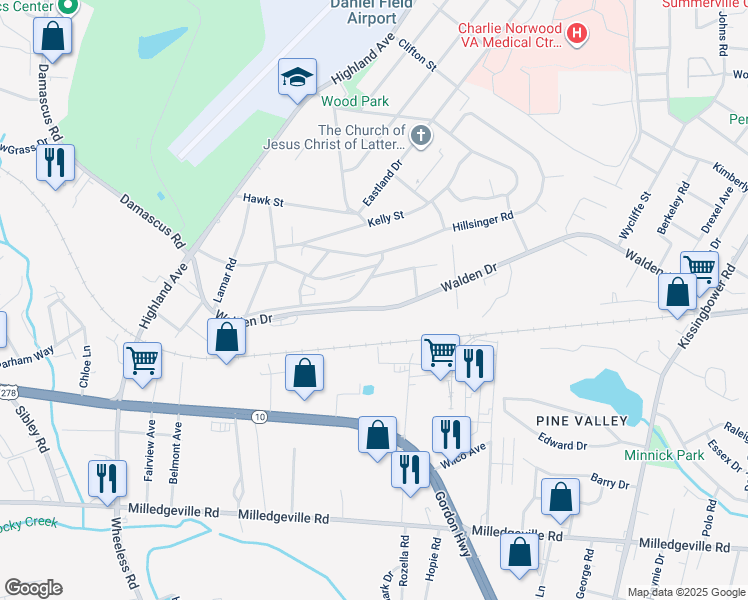 map of restaurants, bars, coffee shops, grocery stores, and more near 2403 Caldwell Drive in Augusta