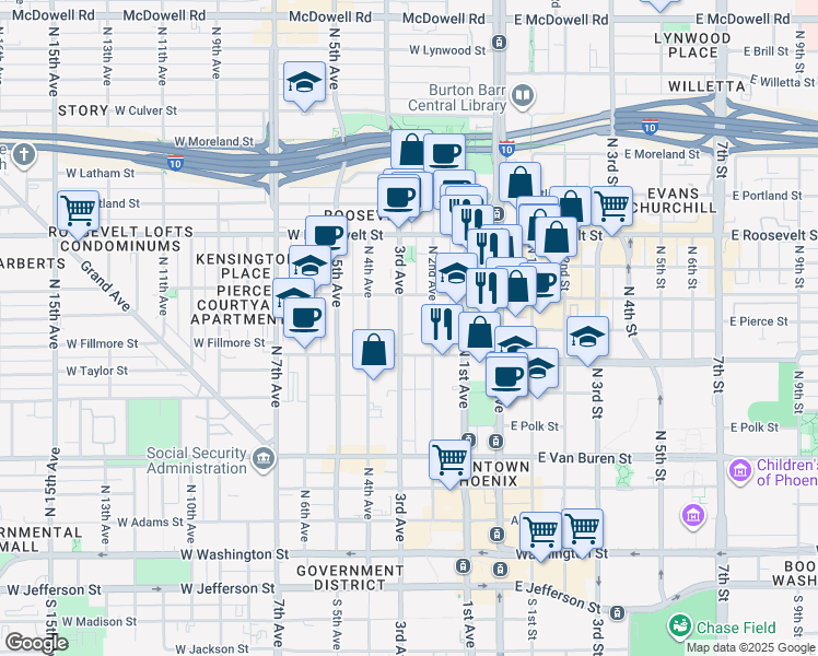 map of restaurants, bars, coffee shops, grocery stores, and more near 617 North 3rd Avenue in Phoenix