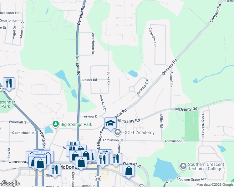 map of restaurants, bars, coffee shops, grocery stores, and more near 617 O'Brians Path in McDonough
