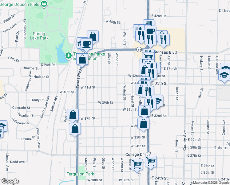 map of restaurants, bars, coffee shops, grocery stores, and more near 4024 Olive Street in Texarkana