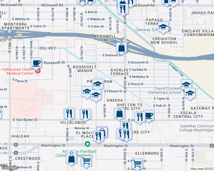 map of restaurants, bars, coffee shops, grocery stores, and more near 621 North 30th Place in Phoenix