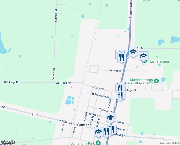 map of restaurants, bars, coffee shops, grocery stores, and more near 506 Harris Street in Gunter