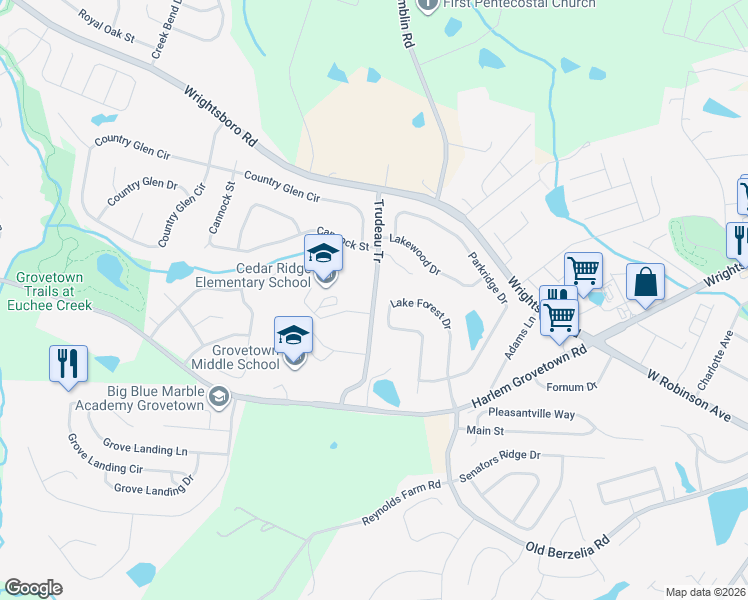 map of restaurants, bars, coffee shops, grocery stores, and more near Trudeau Trail in Grovetown