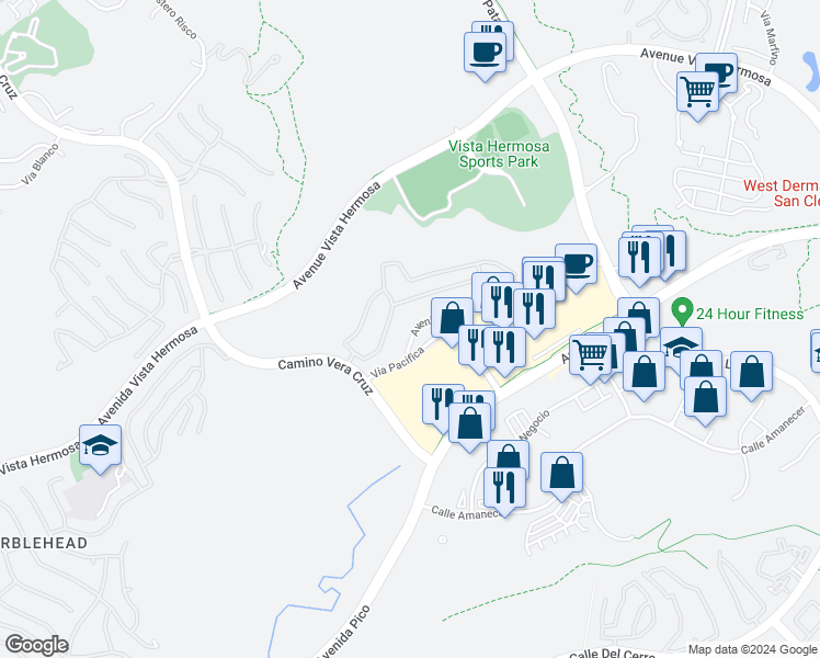 map of restaurants, bars, coffee shops, grocery stores, and more near 34 Avenida Merida in San Clemente