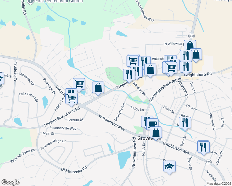 map of restaurants, bars, coffee shops, grocery stores, and more near 327 Hazelnut Drive in Grovetown