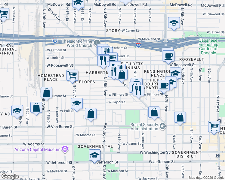 map of restaurants, bars, coffee shops, grocery stores, and more near 1257 West Pierce Street in Phoenix
