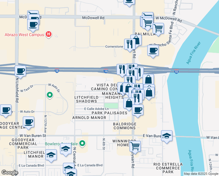 map of restaurants, bars, coffee shops, grocery stores, and more near 1701 North Palo Verde Drive in Goodyear