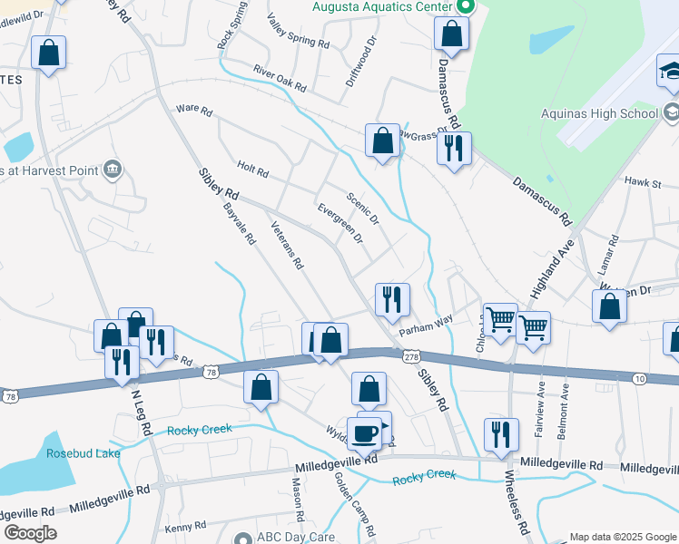 map of restaurants, bars, coffee shops, grocery stores, and more near 2141 Sibley Road in Augusta