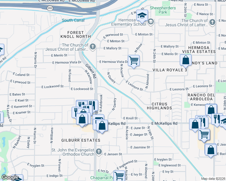 map of restaurants, bars, coffee shops, grocery stores, and more near 2210 North Gentry in Mesa