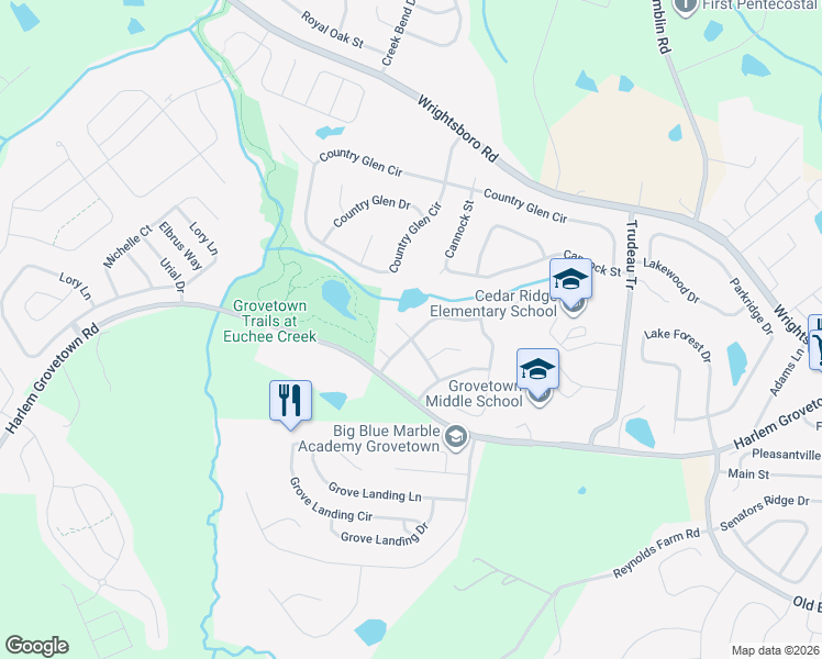 map of restaurants, bars, coffee shops, grocery stores, and more near 206 Brookstone Circle in Grovetown