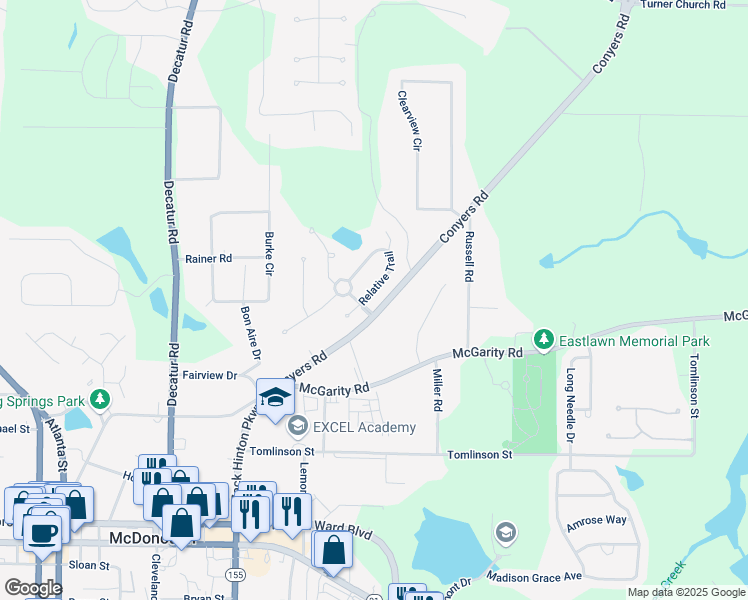 map of restaurants, bars, coffee shops, grocery stores, and more near 305 Relative Trail in McDonough
