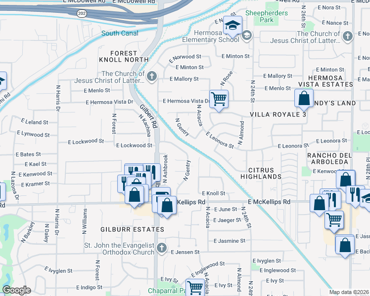 map of restaurants, bars, coffee shops, grocery stores, and more near 2210 North Gentry in Mesa