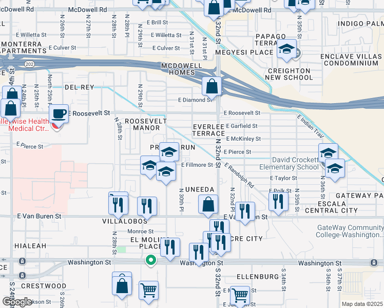 map of restaurants, bars, coffee shops, grocery stores, and more near 621 North 30th Place in Phoenix