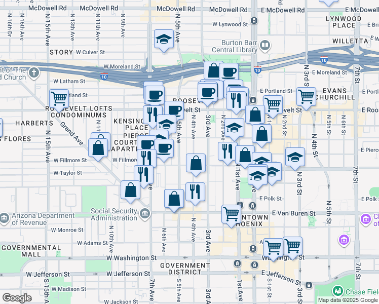 map of restaurants, bars, coffee shops, grocery stores, and more near 631 North 5th Avenue in Phoenix