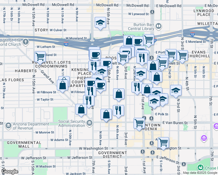 map of restaurants, bars, coffee shops, grocery stores, and more near 631 North 5th Avenue in Phoenix