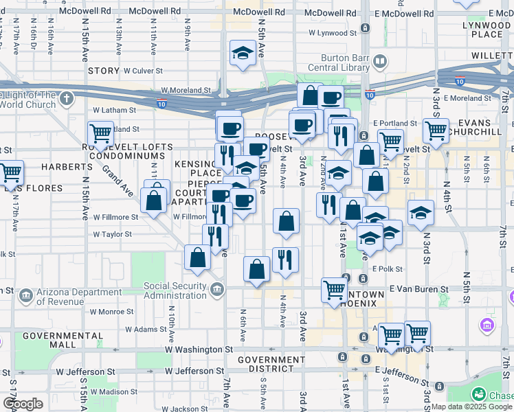 map of restaurants, bars, coffee shops, grocery stores, and more near 631 North 5th Avenue in Phoenix