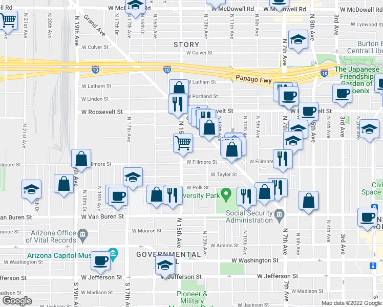 map of restaurants, bars, coffee shops, grocery stores, and more near 1257 West Pierce Street in Phoenix