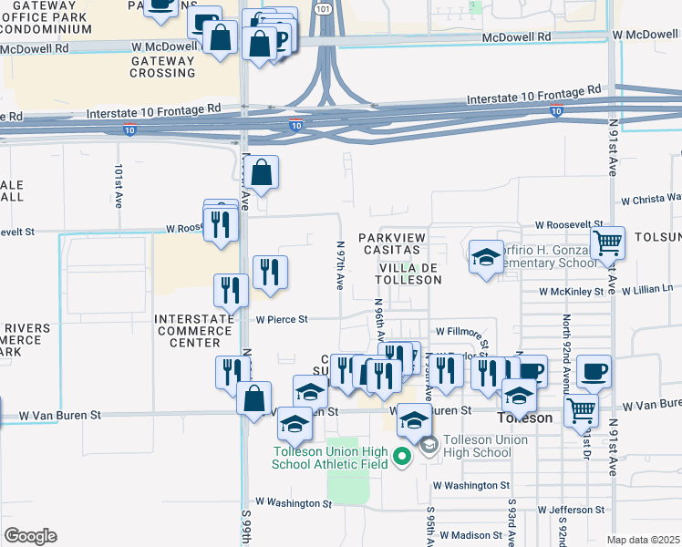 map of restaurants, bars, coffee shops, grocery stores, and more near 802 North 97th Avenue in Tolleson
