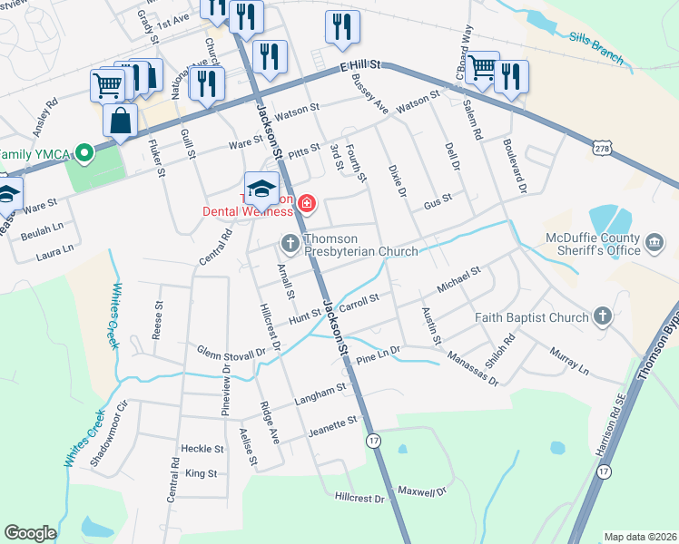 map of restaurants, bars, coffee shops, grocery stores, and more near 620 Jackson Street in Thomson