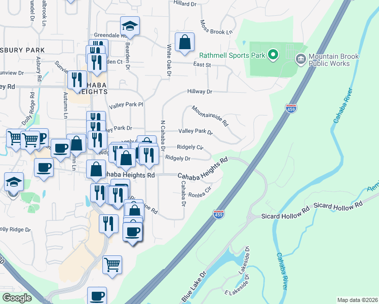 map of restaurants, bars, coffee shops, grocery stores, and more near 3328 Ridgely Circle in Vestavia Hills