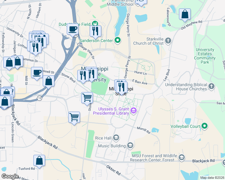 map of restaurants, bars, coffee shops, grocery stores, and more near in Mississippi State