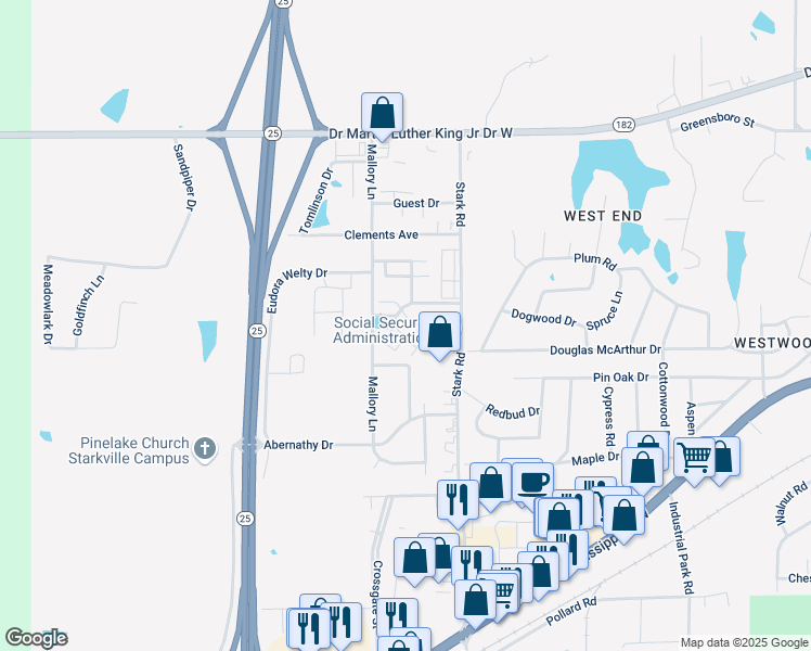 map of restaurants, bars, coffee shops, grocery stores, and more near 421 Mallory Lane in Starkville