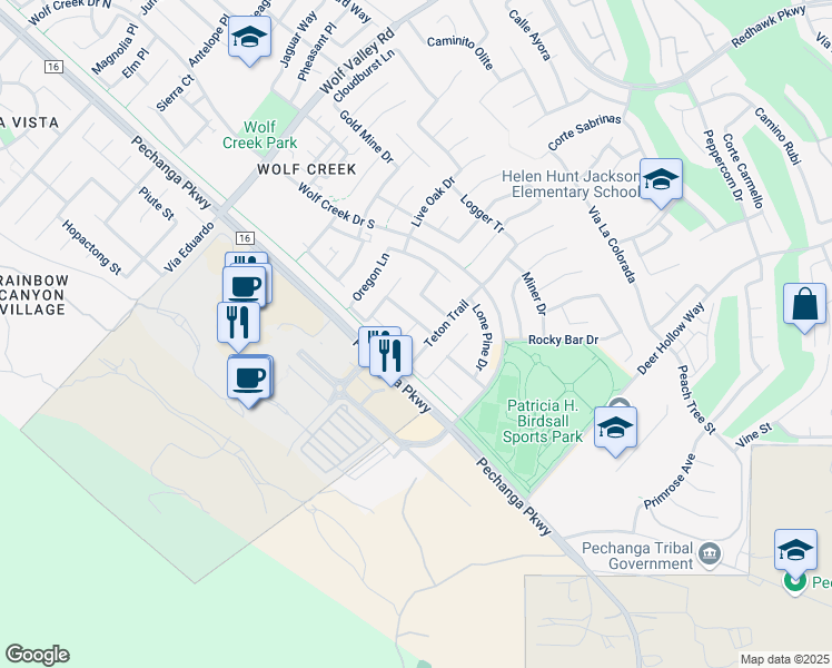 map of restaurants, bars, coffee shops, grocery stores, and more near 46342 Cabin Court in Temecula