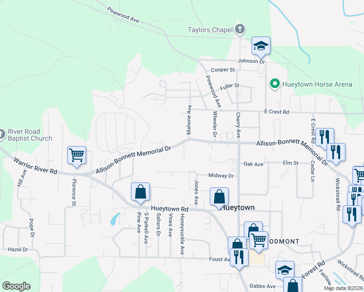map of restaurants, bars, coffee shops, grocery stores, and more near 3205 Allison-Bonnett Memorial Drive in Bessemer