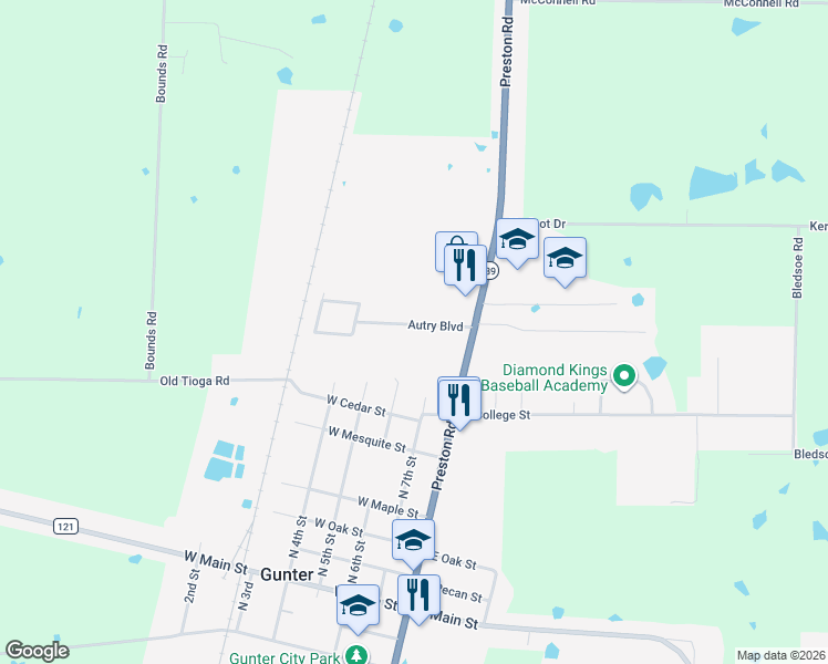 map of restaurants, bars, coffee shops, grocery stores, and more near 21 Autry Boulevard in Gunter