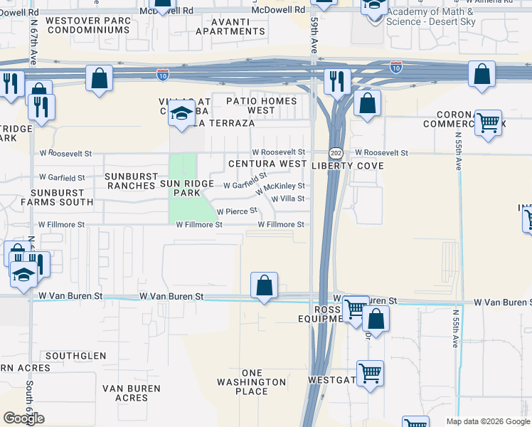 map of restaurants, bars, coffee shops, grocery stores, and more near 627 North 61st Drive in Phoenix