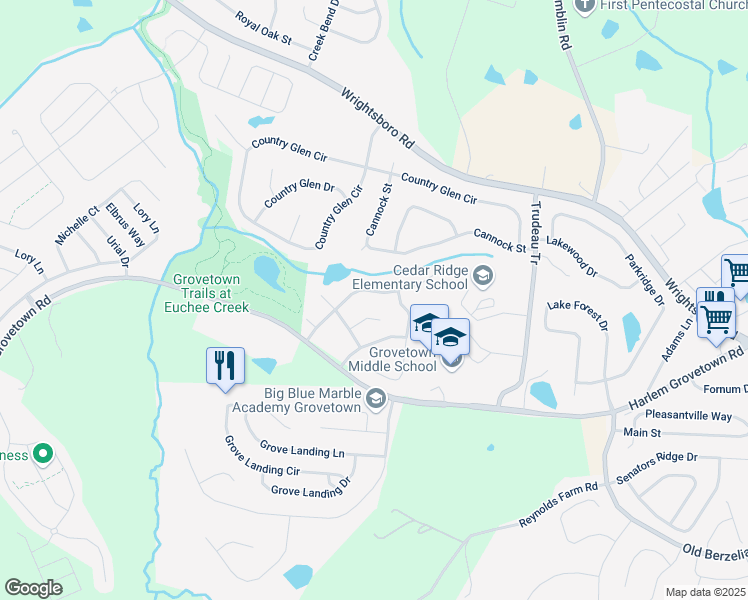 map of restaurants, bars, coffee shops, grocery stores, and more near 3015 Ashland Way in Grovetown