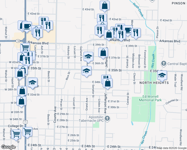 map of restaurants, bars, coffee shops, grocery stores, and more near 904 East 35th Street in Texarkana