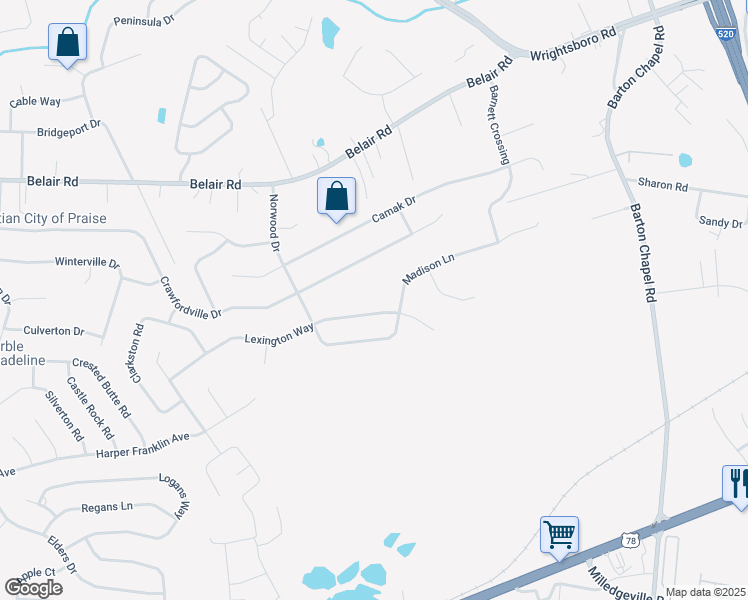 map of restaurants, bars, coffee shops, grocery stores, and more near 3255 Lexington Way in Augusta