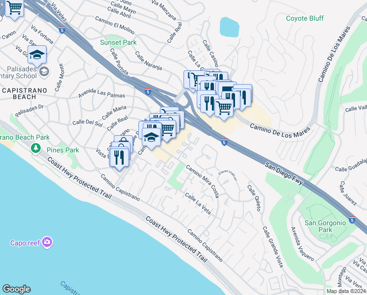 map of restaurants, bars, coffee shops, grocery stores, and more near 429 Plaza Estival in San Clemente