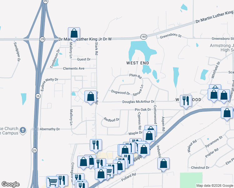 map of restaurants, bars, coffee shops, grocery stores, and more near 109 Dogwood Drive in Starkville
