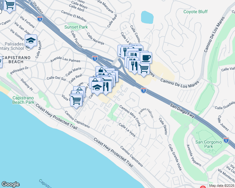 map of restaurants, bars, coffee shops, grocery stores, and more near 429 Plaza Estival in San Clemente