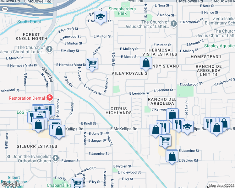 map of restaurants, bars, coffee shops, grocery stores, and more near 2432 East Leonora Street in Mesa