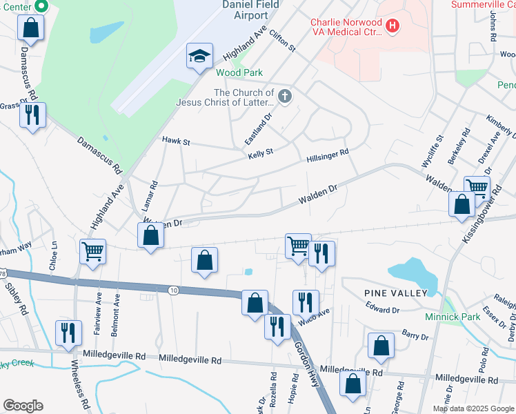 map of restaurants, bars, coffee shops, grocery stores, and more near 2403 Caldwell Drive in Augusta