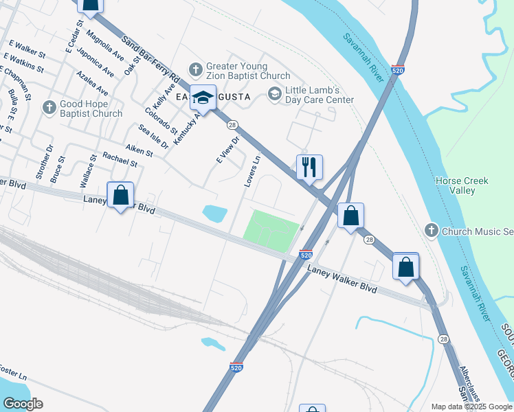 map of restaurants, bars, coffee shops, grocery stores, and more near 106 Tybee Court in Augusta