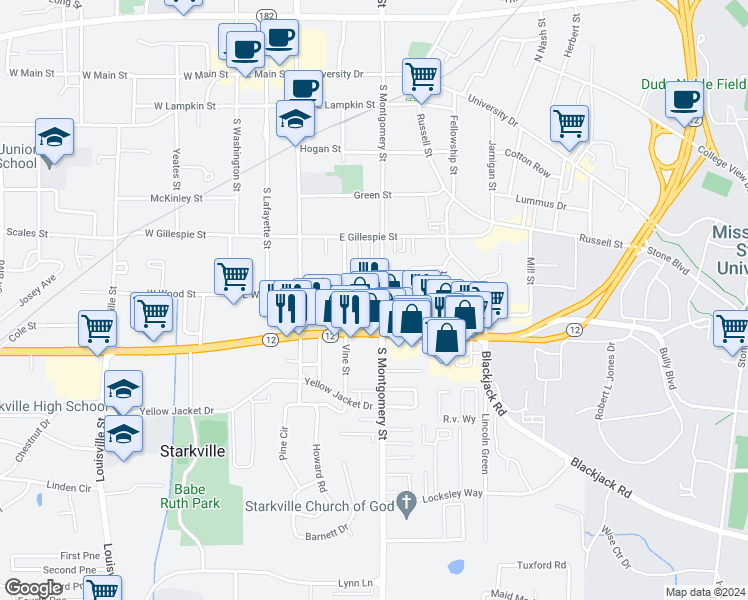 map of restaurants, bars, coffee shops, grocery stores, and more near 516 South Montgomery Street in Starkville