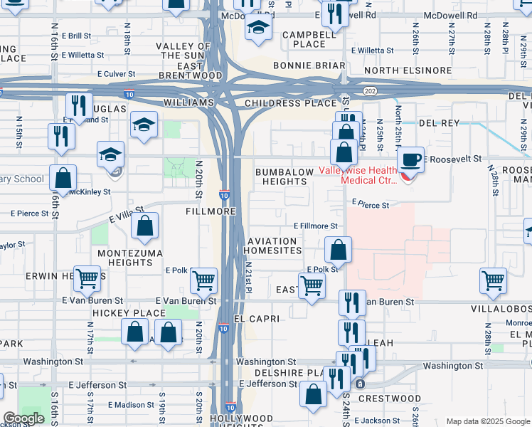 map of restaurants, bars, coffee shops, grocery stores, and more near 2145 East Pierce Street in Phoenix