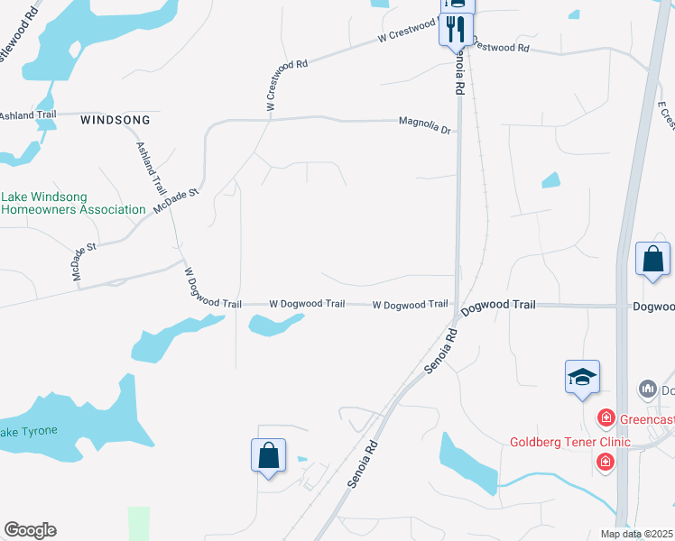 map of restaurants, bars, coffee shops, grocery stores, and more near 215 Winfair Drive in Tyrone