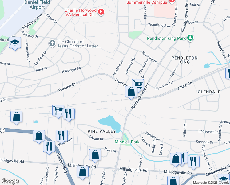 map of restaurants, bars, coffee shops, grocery stores, and more near 2221 Birnam Place in Augusta