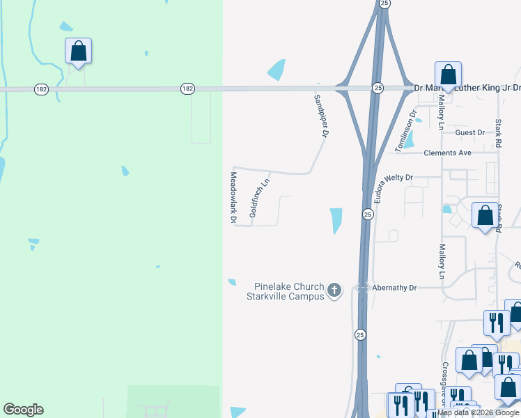 map of restaurants, bars, coffee shops, grocery stores, and more near 1188 Goldfinch Lane in Starkville