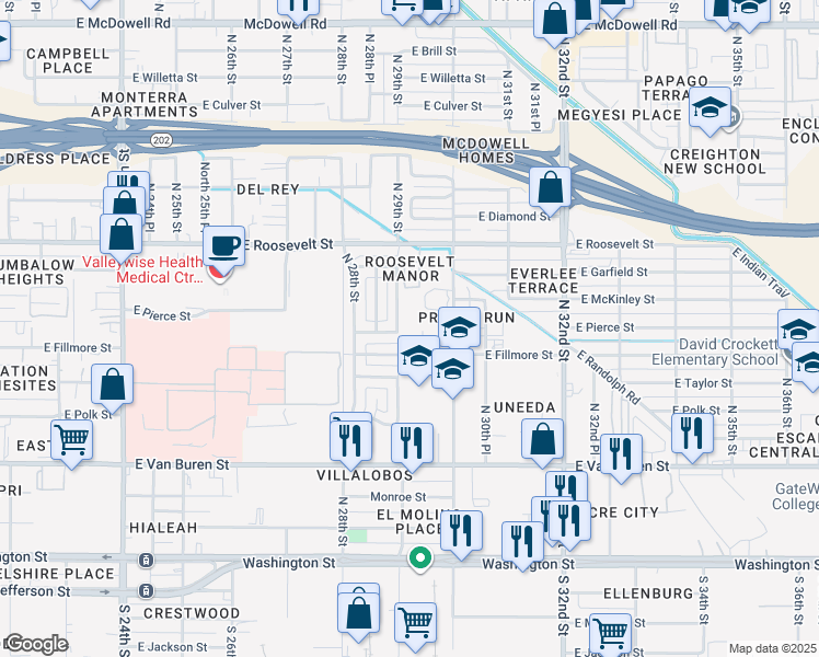 map of restaurants, bars, coffee shops, grocery stores, and more near 2902 East Fillmore Street in Phoenix